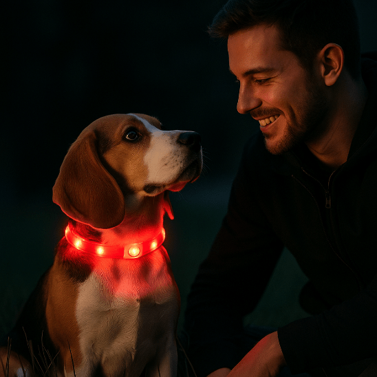 beagle assis maitre collier lumineux pour chien rouge
