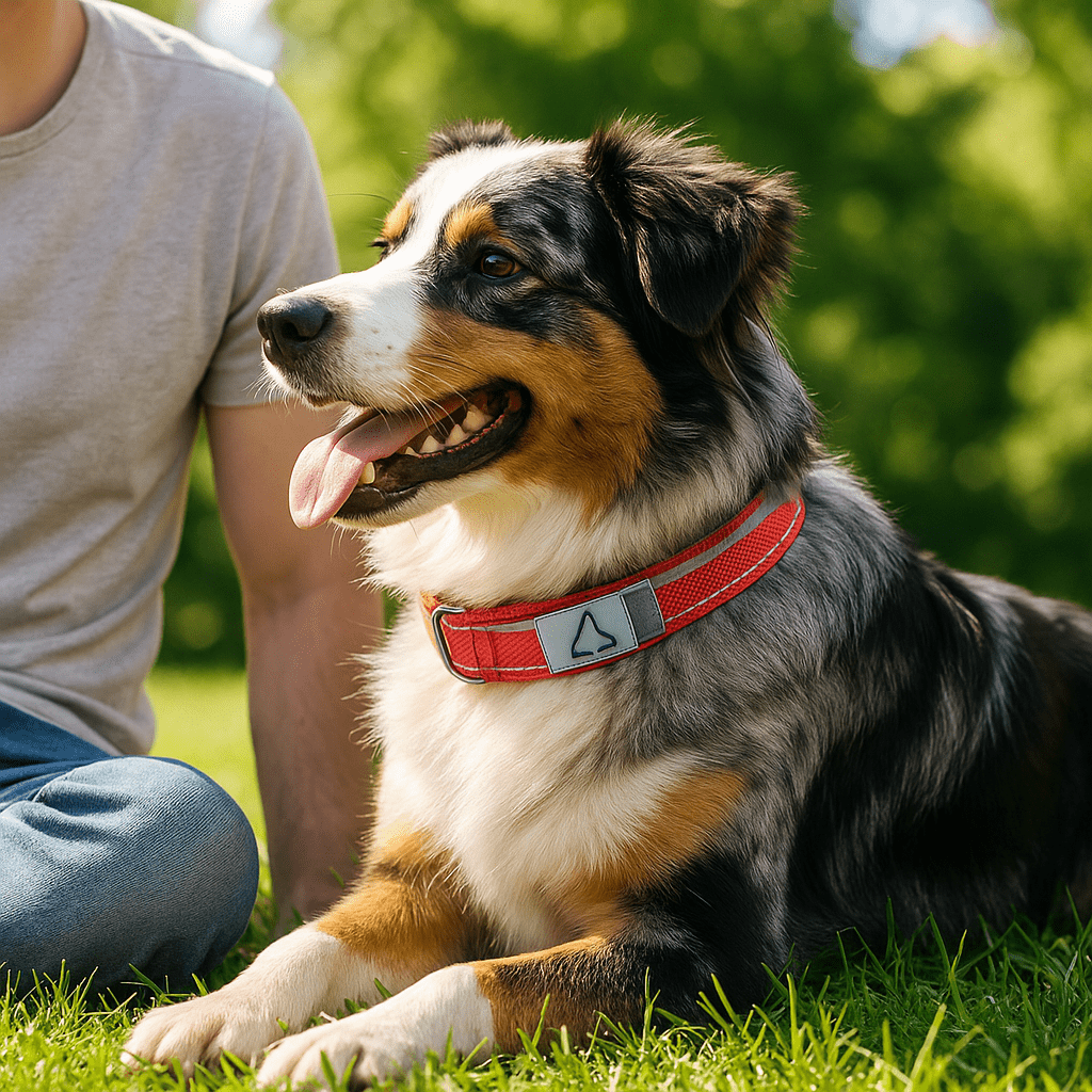 berger australien allonge herbe collier chien rouge