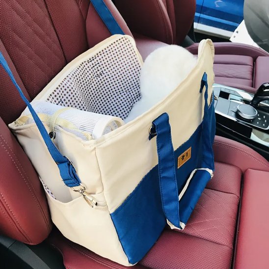 chien blanc dans sac pour transporter chien siège voiture