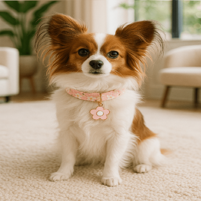 chien papillon avec collier chiot rose assis tapis