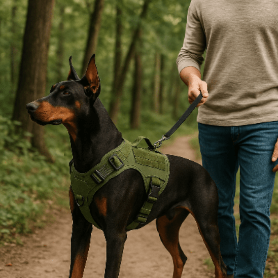 doberman promenade foret avec maitre harnais anti traction chien kaki