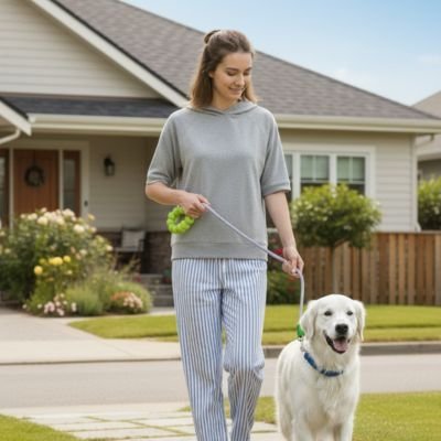 femme promene chien devant maison laisse chien violet