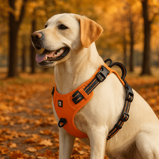 harnais anti traction pour chien orange labrador assis parc automne