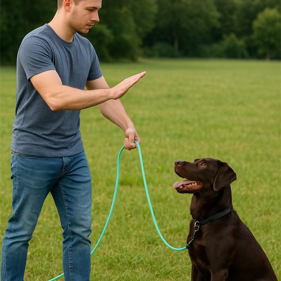 homme dresse labrador marron longe pour chien turquoise parc