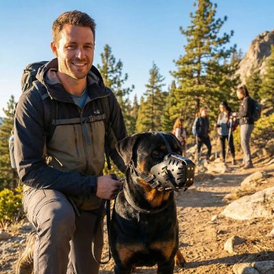 homme en randonnee avec son rottweiler avec muselière cuir