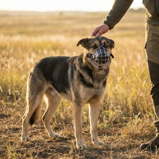 homme et chien avec museliere panier metallique terrain vague