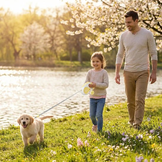 homme petite fille promenent chiot lac laisse chien enrouleur jaune