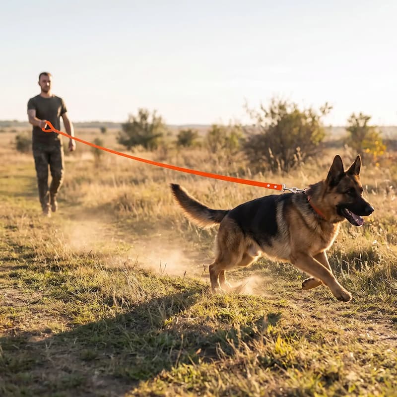 homme promenade berger allemand longe pour chien orange terrain vague