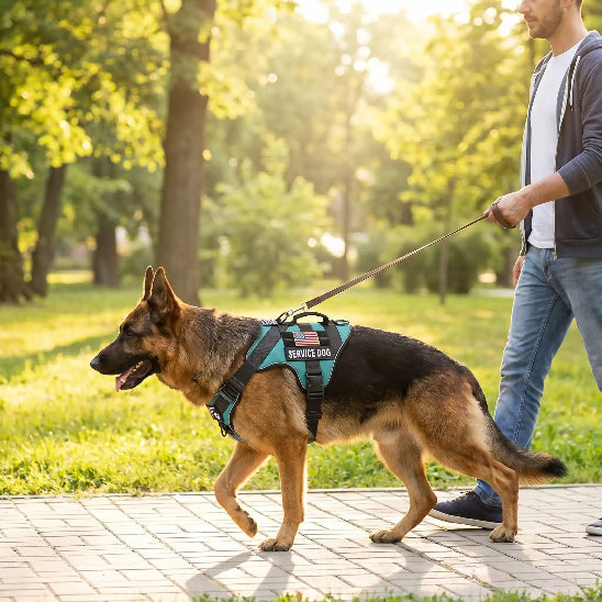homme promene berger allemand portant harnais chien turquoise