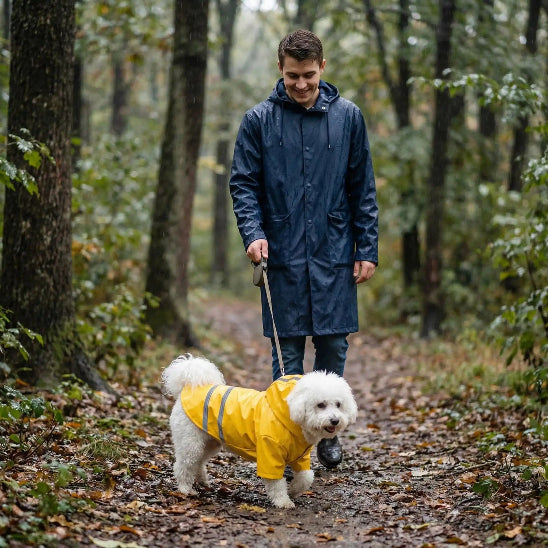 homme promene dans foret bichon avec manteau pour chien jaune