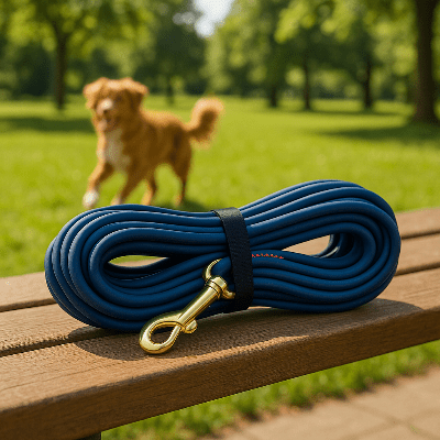 laisse chien bleu marine pvc sur banc dans parc