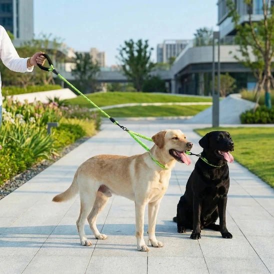 laisse double pour chien vert fluo sur deux chiens parc