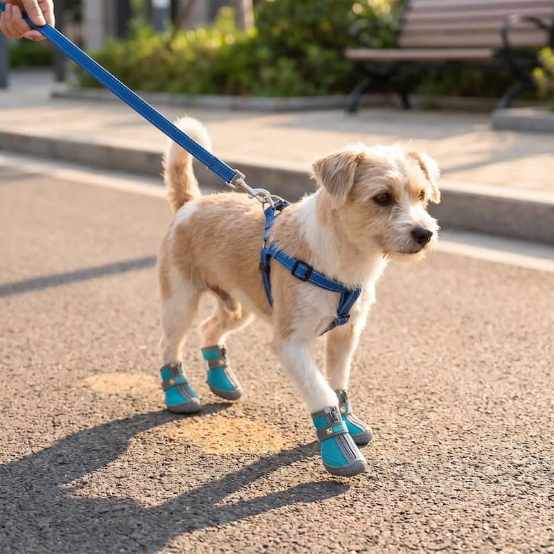 petit chien marchant sur béton avec chaussures pour chien antidérapante