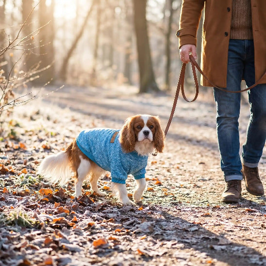 promenade cavalier king charles parc hiver avec pull chien bleu