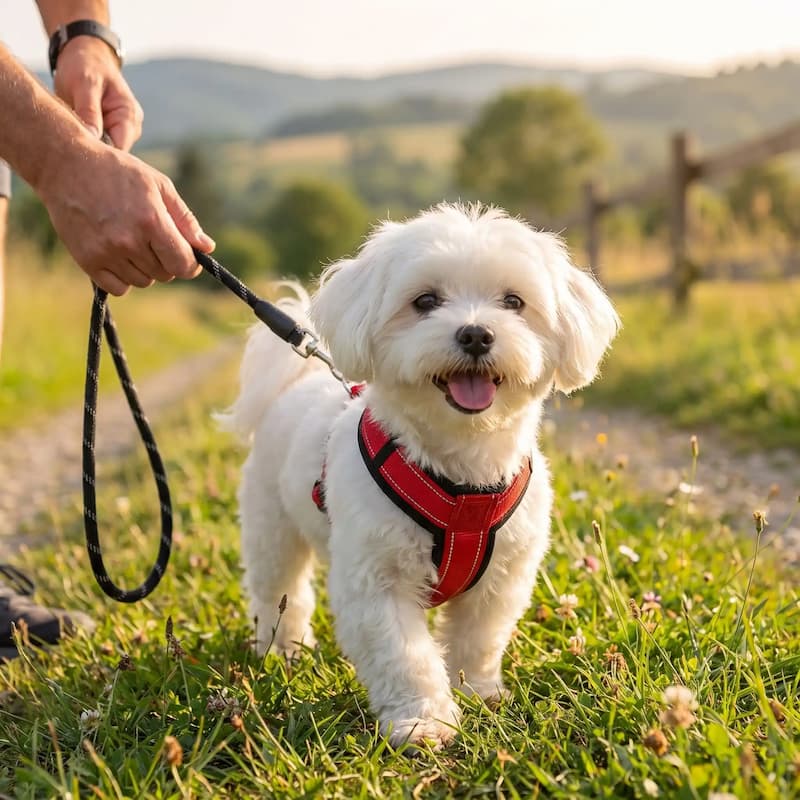 promenade chien campagne portant harnais pour petit chien rouge