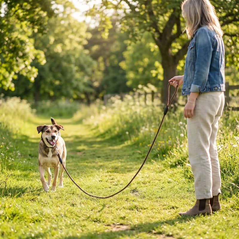 promenade chien parc avec longe chien marron
