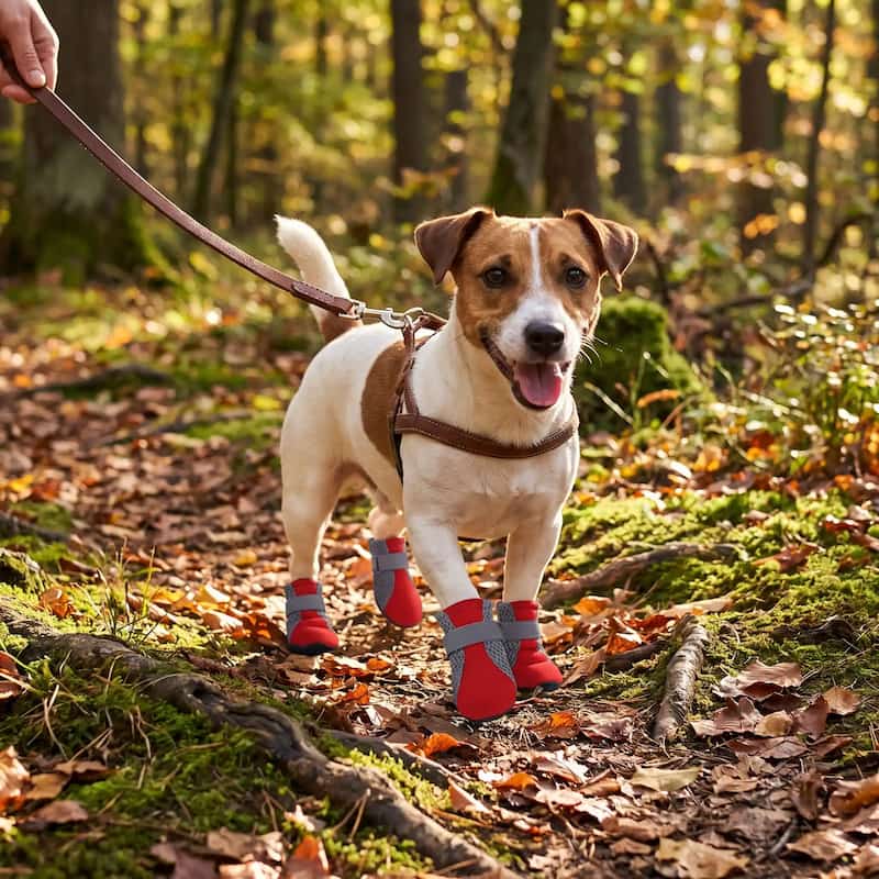 promenade jack russell en forêt avec chaussure chien rouge