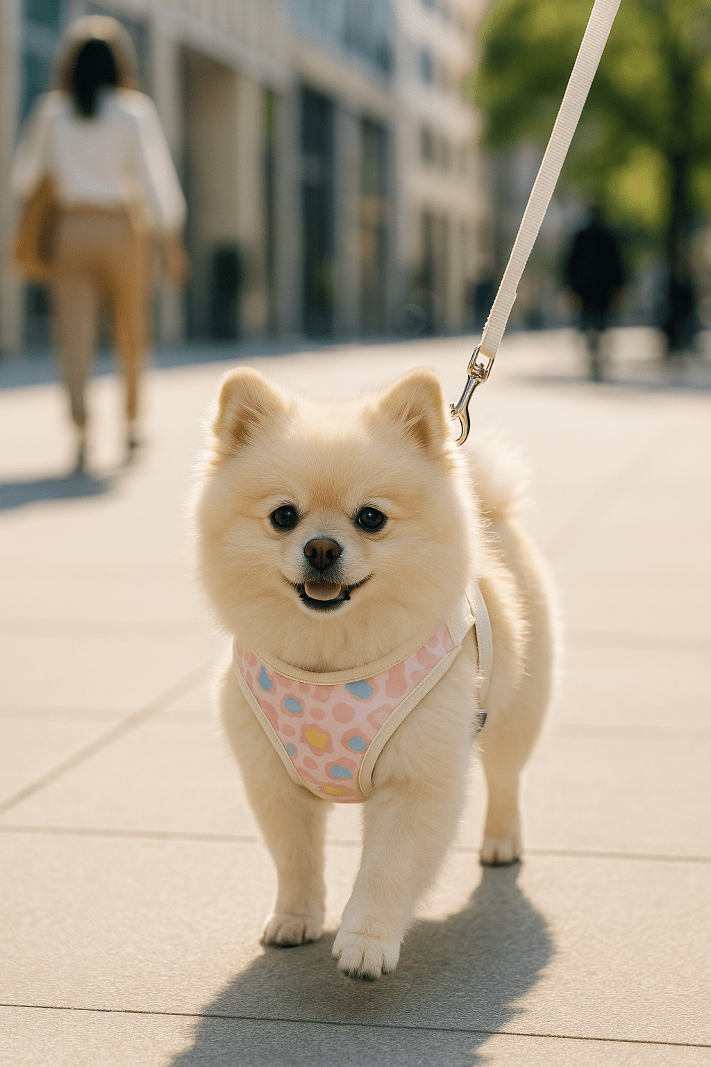 spitz se promene en ville harnais petit chien rose clair