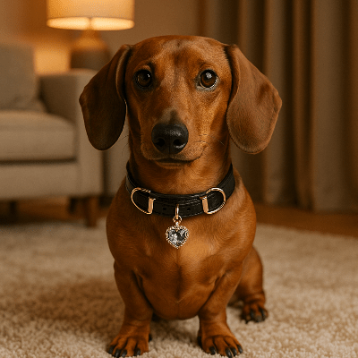 teckel assis sur tapis avec collier chien noir