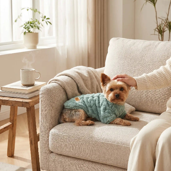 yorkshire allonge sur fauteuil avec pull chien vert