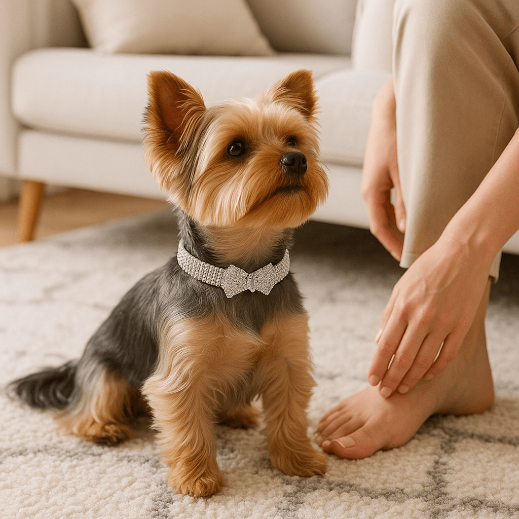 yorkshire assis sur tapis collier chien argent