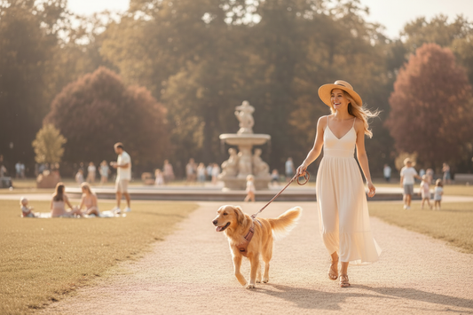 femme promenade golden retriever parc avec harnais chien anti traction