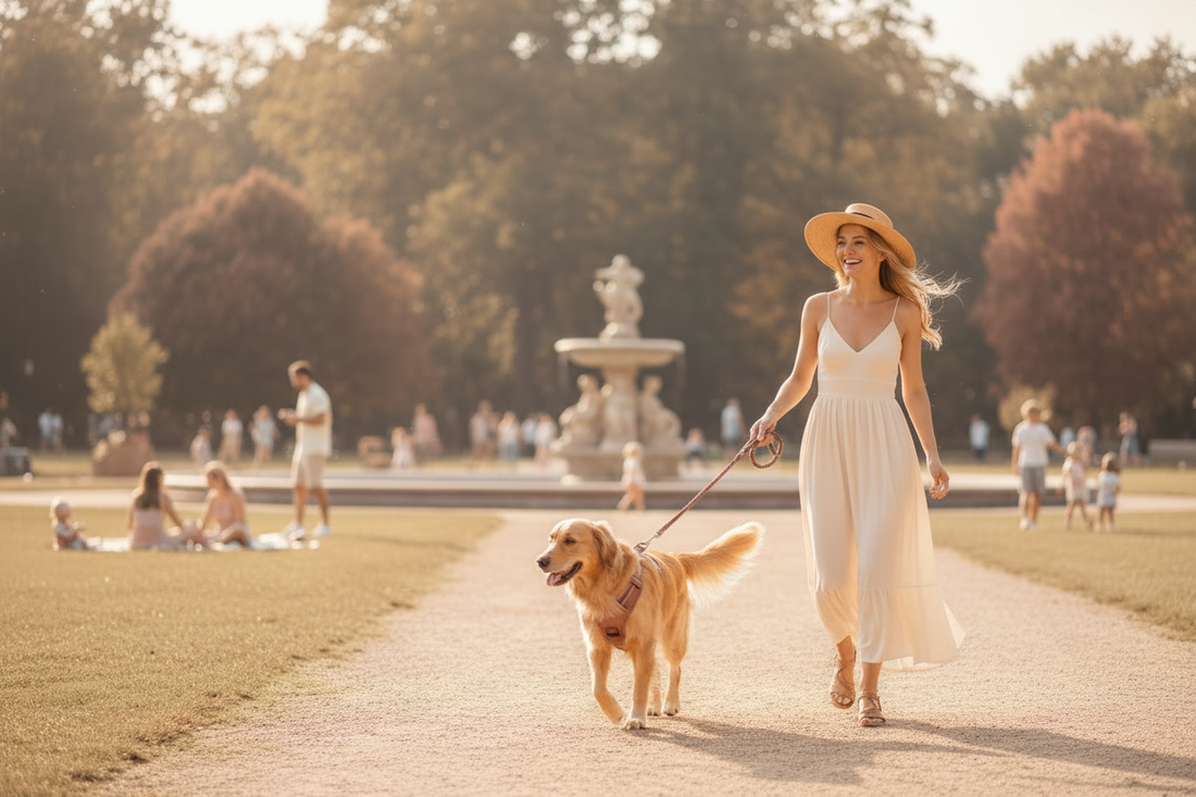 femme promenade golden retriever parc avec harnais chien anti traction