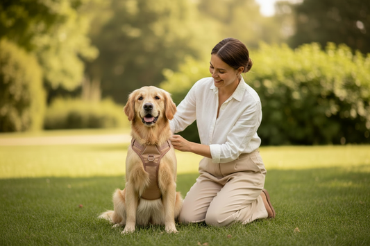 femme met harnais anti traction pour chien a golden retriever