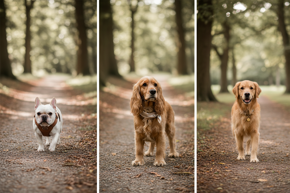 bouledogue cocker golden retriever sortie en forêt