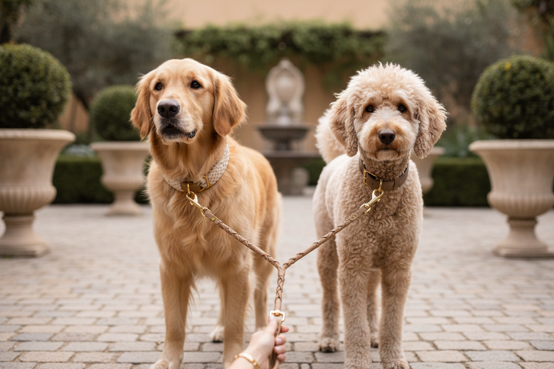 deux chiens attaches a double laisse pour chien