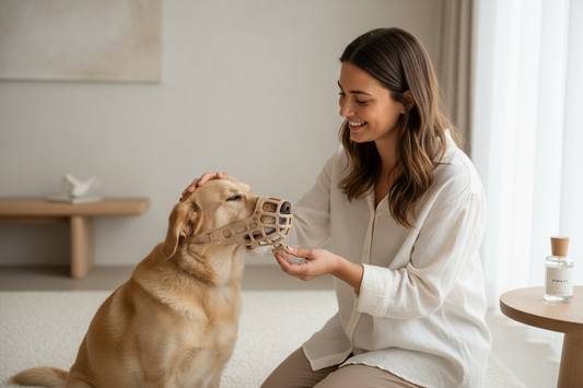 femme caressant golden retriever portant une muselière