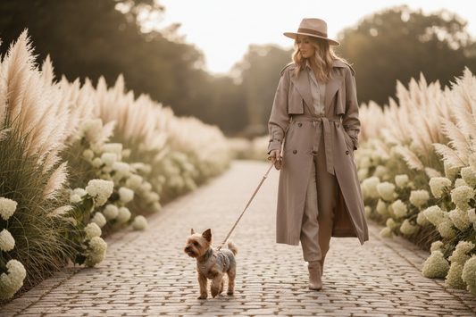 femme promenant yorkshire harnais pour petit chien allée fleurie
