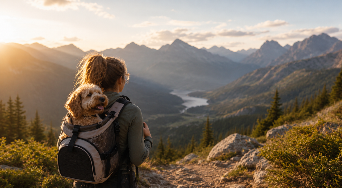 femme en randonnee avec chien dans sac a dos chien