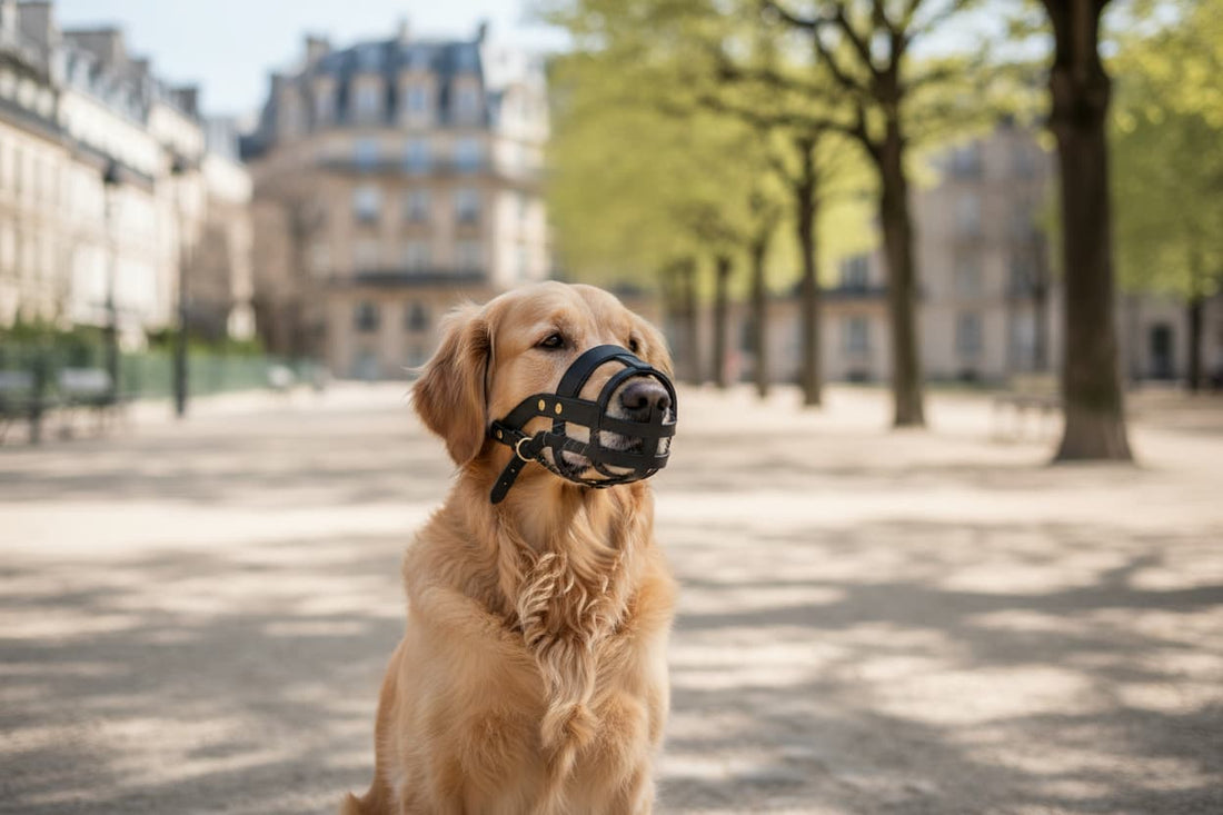 golden retriever assis parc urbain portant museliere chien