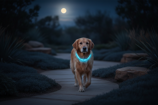 golden retriever se promene nuit avec collier lumineux pour chien