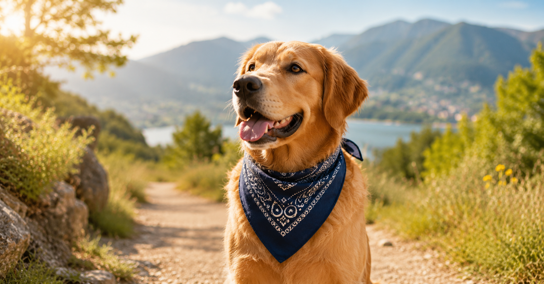 golden retriever souriant bandana bleu sentier montagneux ensoleille