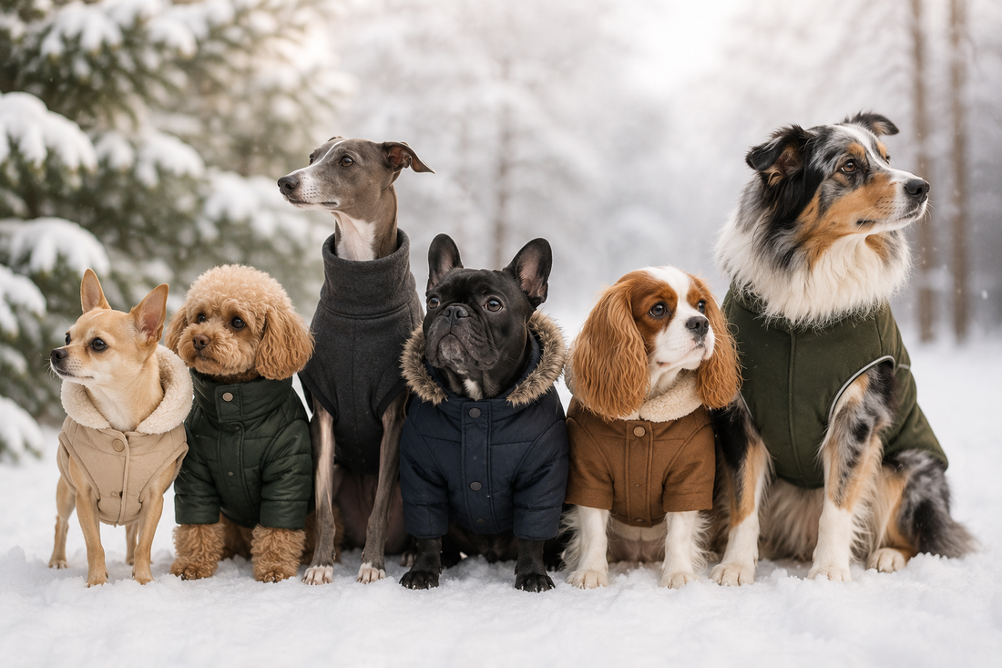 plusieurs chiens alignes portant manteau chien assis dans neige