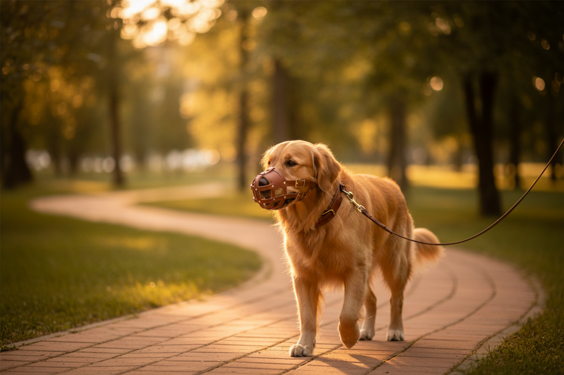 promenade golden retriever portant muselière chien dans parc