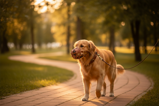 promenade golden retriever portant muselière chien dans parc