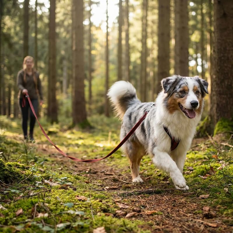 balade berger australien foret avec longe pour chien rouge
