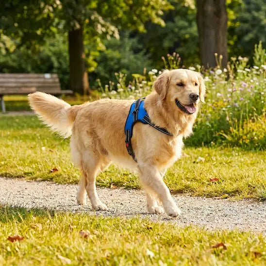 balade parc golden retriever portant harnais chien anti traction bleu