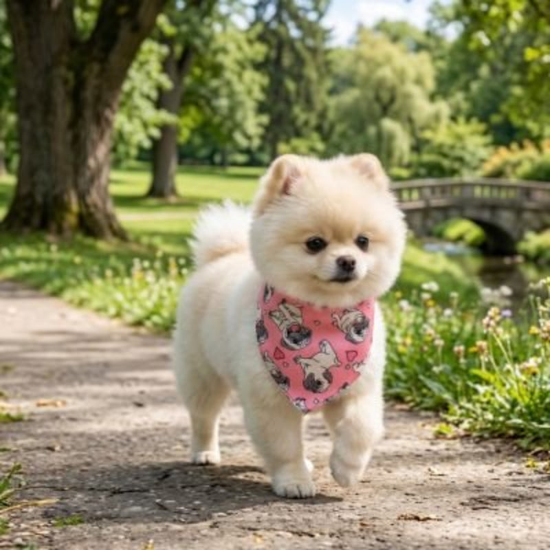 balade spitz nain parc portant bandana chien rose