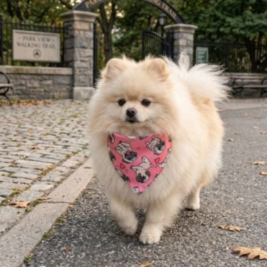 bandana chien rose sur spitz devant entree parc 