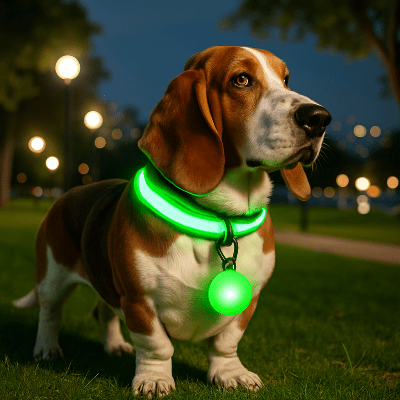 basset debout parc collier lumineux pour chien vert