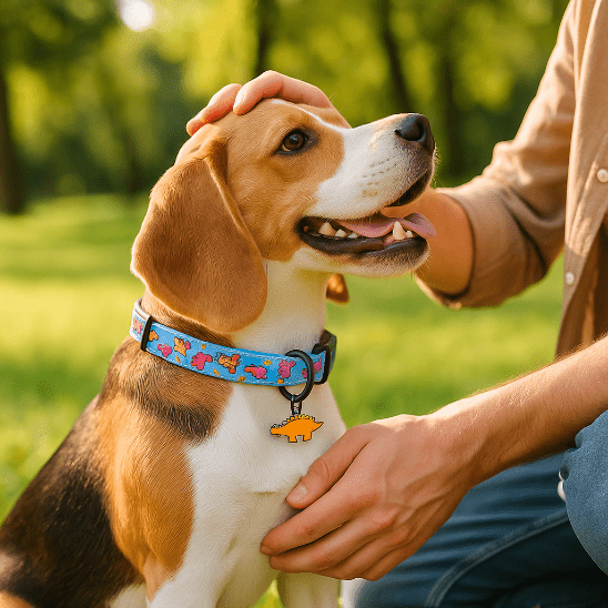 beagle assis collier chiot dinosaure orange maitre caresse
