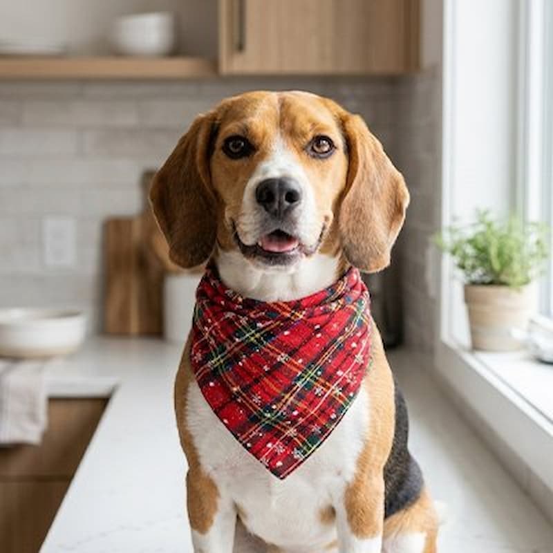 beagle assis comptoir portant bandana pour chien motif tartan rouge