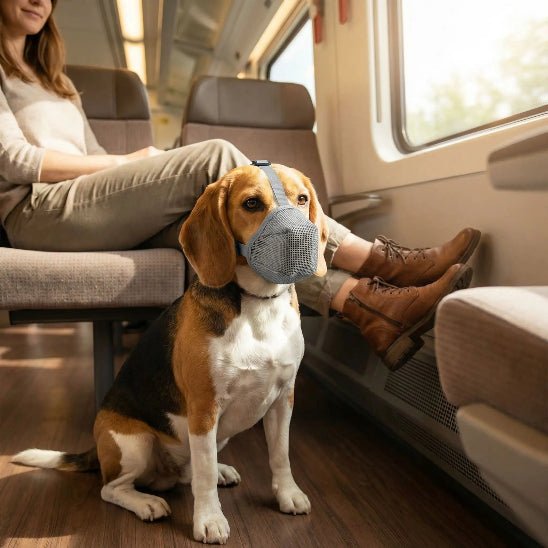 beagle assis train avec muselière chien gris devant femme