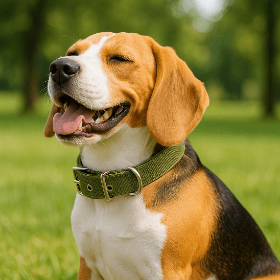 beagle avec collier pour chien kaki nylon