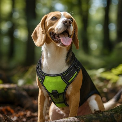 beagle avec harnais chien anti traction vert