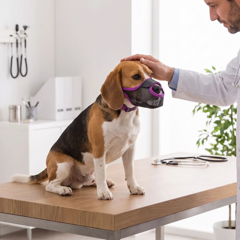 beagle chez vétérinaire portant muselière chien violet